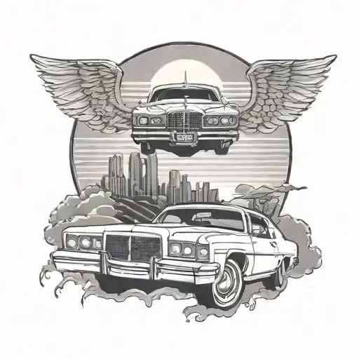 1979 chrysler cordoba driving into the sunset background tattoo design idea