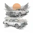 1979 chrysler cordoba driving into the sunset background tattoo design idea