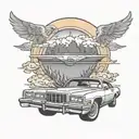 1979 chrysler cordoba driving into the sunset background tattoo design idea