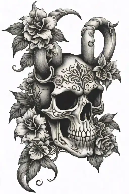 skull of goat black white bell flowers intertwined tattoo design idea