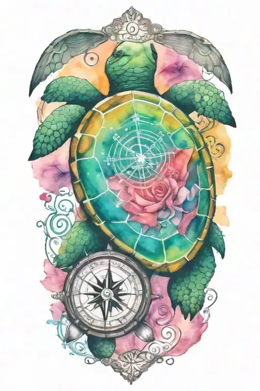 compass under a turtle shell with music notes and cancer survivor and bear  tattoo design idea