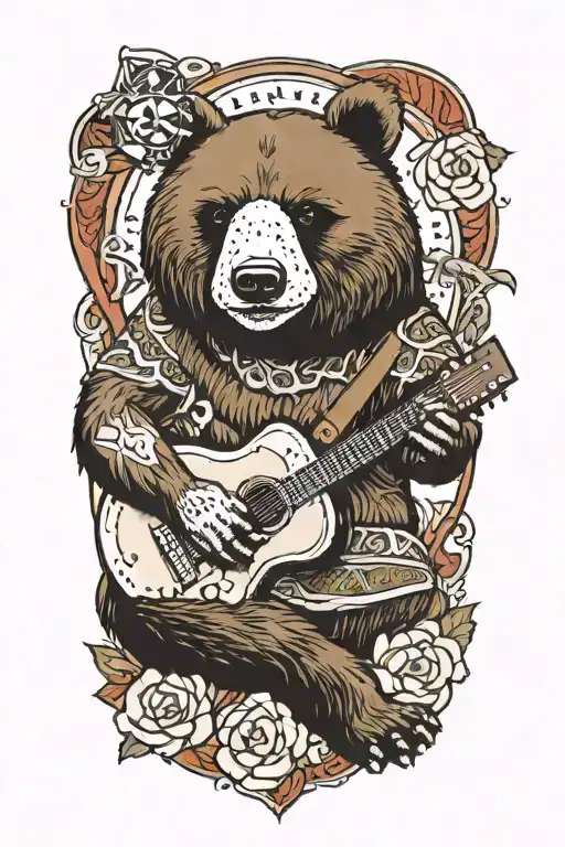 A bear playing a guitar with a turtle shell design and a compass in the background tattoo design idea