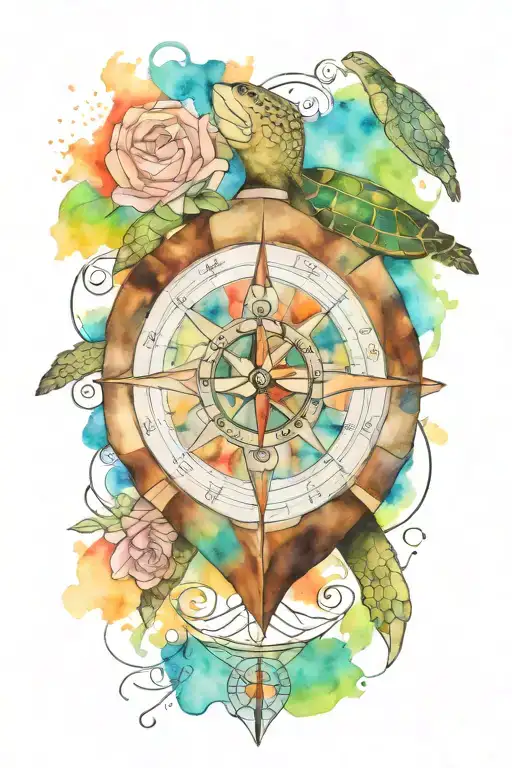 compass under a turtle shell with music notes and cancer survivor  tattoo design idea