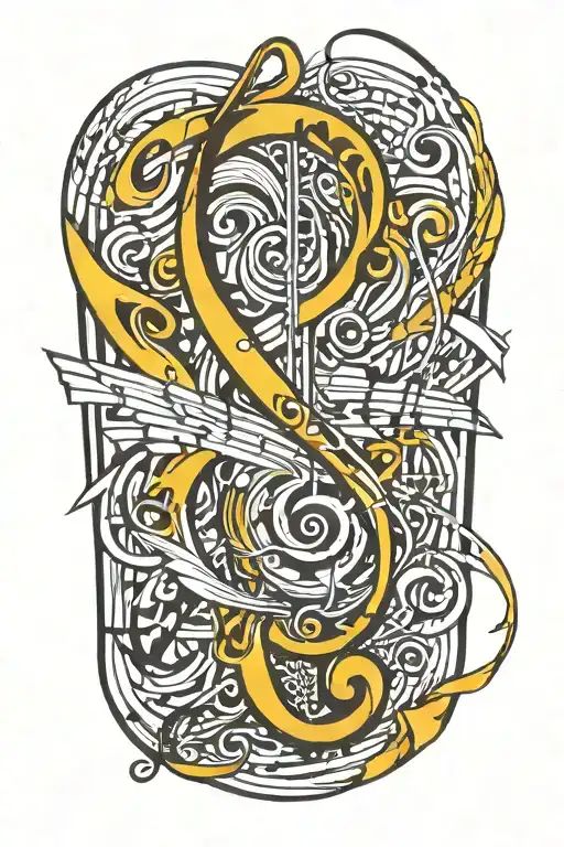A tattoo design inspired by Mahler's 2nd Symphony, incorporating musical notes and symbols with a yellow ribbon as a tribute to the client's battle with bladder cancer tattoo design idea