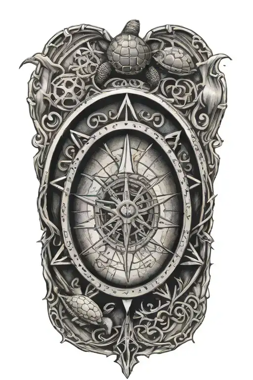 compass over a turtle shell with music notes and cancer survivor  tattoo design idea