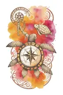 compass under a turtle shell intertwined wuth music notes and cancer survivor symbol  and bear  tattoo design idea