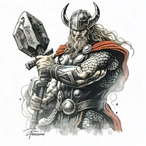 Thundergod Thor with hammer Mjolnir tattoo design idea
