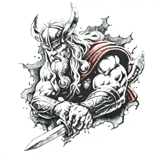 Thundergod Thor with hammer ingraved with Runes tattoo design idea