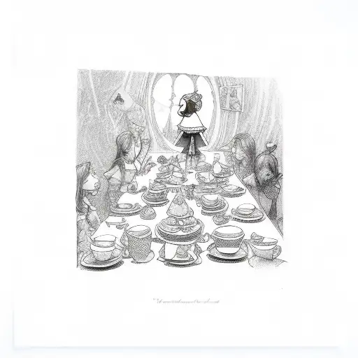 Alice in Wonderland tea party with rock-themed decorations tattoo design idea