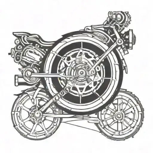 Design a tattoo featuring a motorcycle wheel with intricate mechanical details tattoo design idea