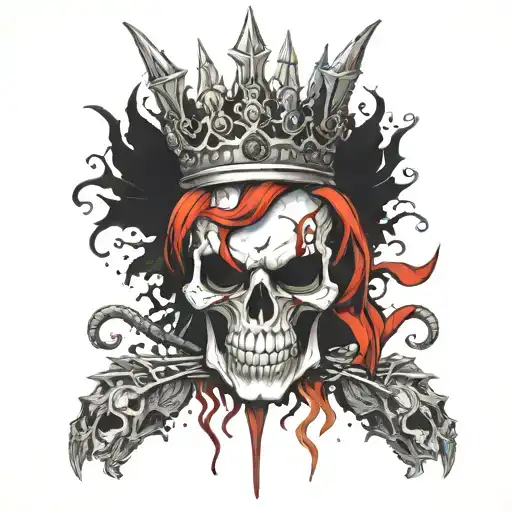 gothic demonic skull faced harley quinn with queen crown dragon wings blood hatchet marijuana buds marijuana leaves smok tattoo design idea