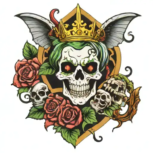 gothic demonic skull faced harley quinn with queen crown dragon wings blood hatchet marijuana buds marijuana leaves smok tattoo design idea