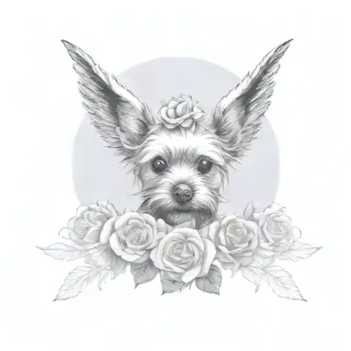 angel wings with Yorkshire Terrier dog print in middle and roses tattoo design idea
