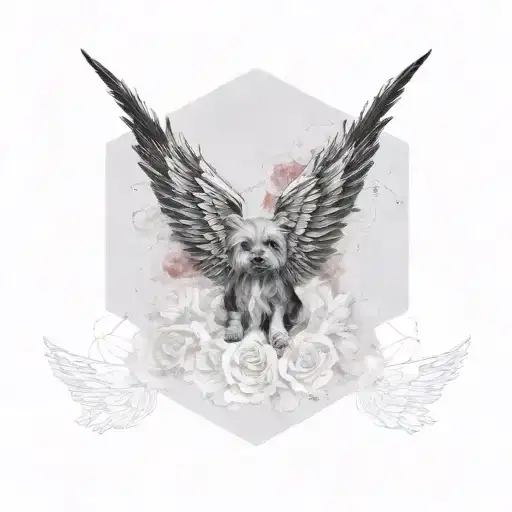 angel wings with Yorkshire Terrier puppy print in middle and red roses tattoo design idea