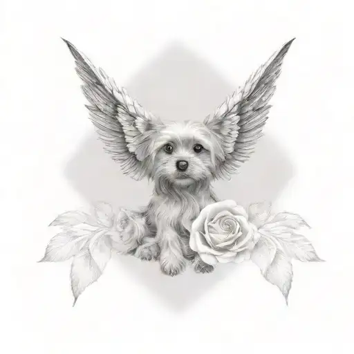 angel wings with Yorkshire Terrier puppy print in middle and red roses tattoo design idea
