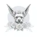 angel wings with Yorkshire Terrier dog print in middle and roses tattoo design idea