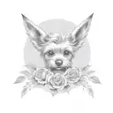 angel wings with Yorkshire Terrier dog print in middle and roses tattoo design idea