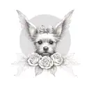 angel wings with Yorkshire Terrier dog print in middle and roses tattoo design idea