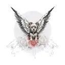 angel wings with Yorkshire Terrier puppy print in middle and red roses tattoo design idea