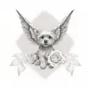 angel wings with Yorkshire Terrier puppy print in middle and red roses tattoo design idea