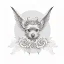 angel wings with Yorkshire Terrier puppy print in middle and red roses tattoo design idea