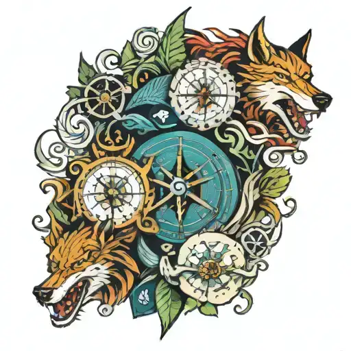 Irish welsh and norse theme sleeve including dragons, wolves, boats and a compass  tattoo design idea