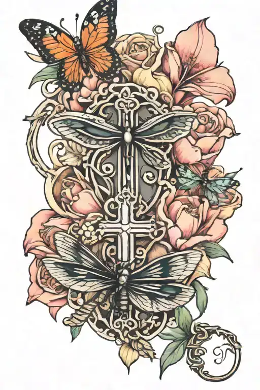 Lilly, tulip, wedding rings, cross,  dragonfly all together tattoo design idea