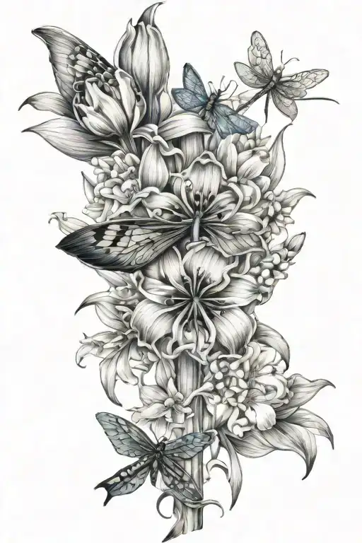 big Lilies, big tulips, wedding rings, a cross, dragonfly  tattoo design idea
