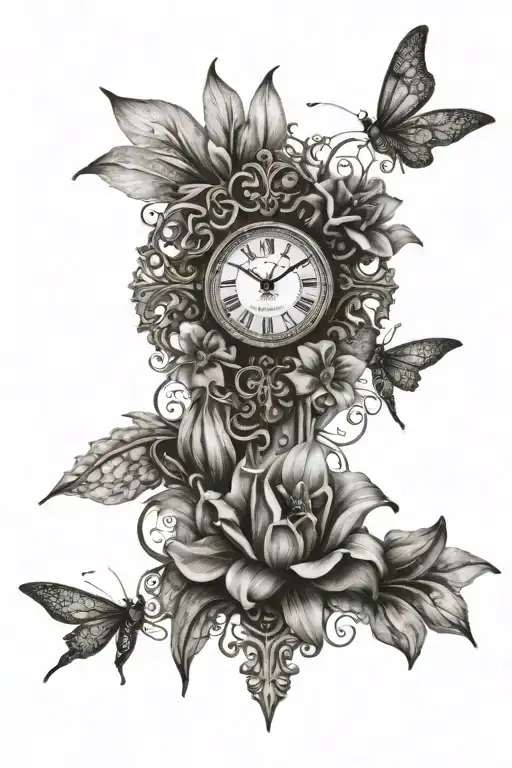 Filigree Cross with Dragonfly, 2 Clocks with Big Lilies, Big Tulips and marriage heart tattoo design idea