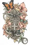 Lilly, tulip, wedding rings, cross,  dragonfly all together tattoo design idea