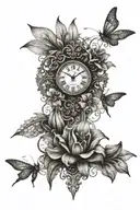 Filigree Cross with Dragonfly, 2 Clocks with Big Lilies, Big Tulips and marriage heart tattoo design idea