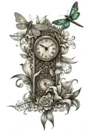 Filigree Cross with Dragonfly, 2 Clocks with Big Lilies, Big Tulips and marriage heart tattoo design idea