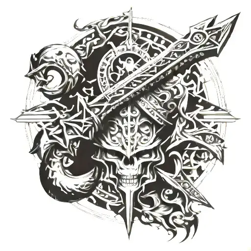 Incorporate elements from the metin2 game such as weapons, armor, and mystical creatures into a dynamic sleeve tattoo design tattoo design idea