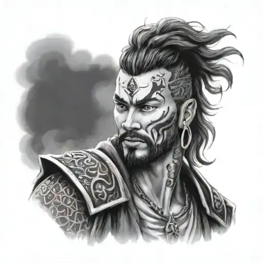 Create a detailed black and grey portrait of the client's favorite metin2 character in a realistic style tattoo design idea