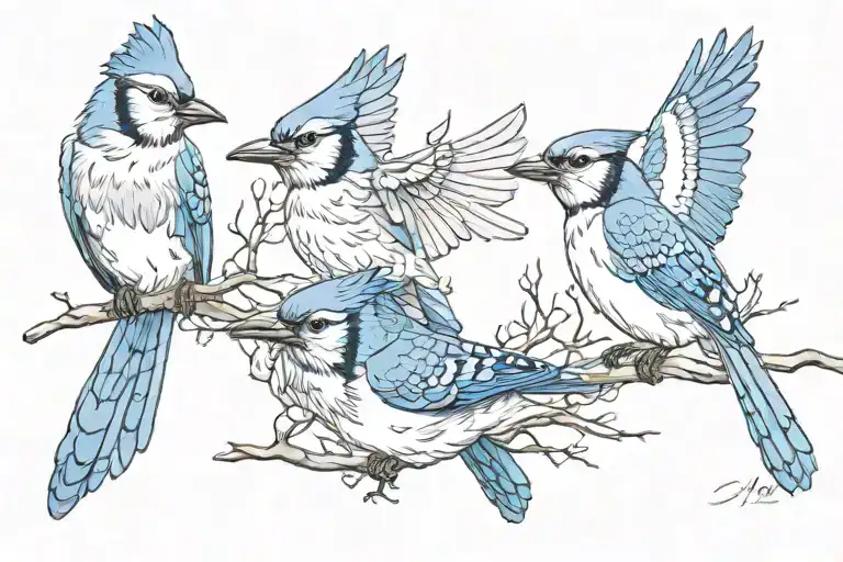 three blue jays flying together tattoo design idea