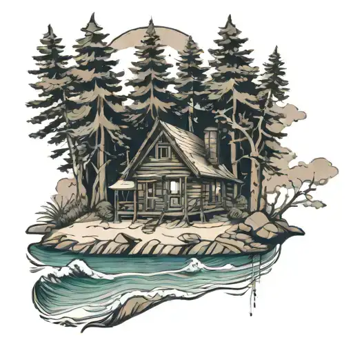 cabin on beach with woods surrounded tattoo design idea