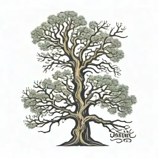 leafless tree with Jahseh underneath the tree tattoo design idea