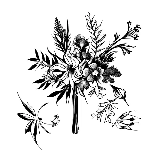 floral bouquet with maple leaf, gladiolus, and wild flowers.  tattoo design idea