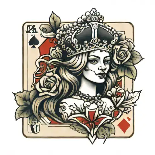 crown queen spades card tattoo design idea