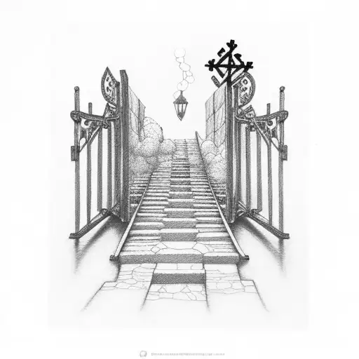  3 crosses with stairs going into gates with clouds  tattoo design idea