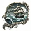 the Black Pearl sailing on the rough sea which reflects the lightning in the sky with a dark environment and a kraken tattoo design idea