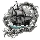 the Black Pearl sailing on the rough sea which reflects the lightning in the sky with a dark environment and a kraken tattoo design idea