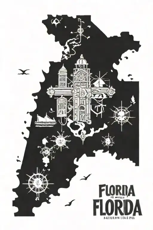 A detailed map of Florida with a small icon representing your hometown marked on it tattoo design idea