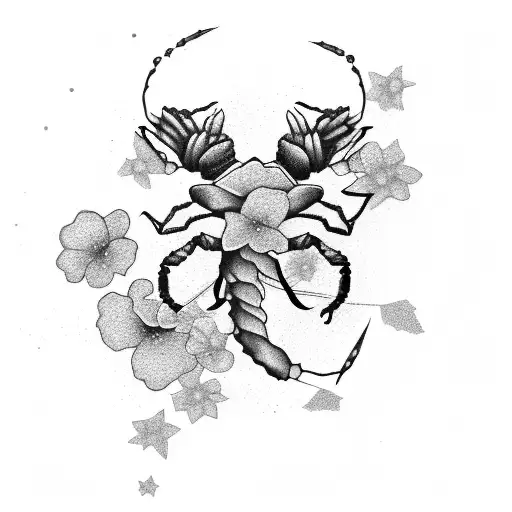 A minimalist design of a Scorpio constellation integrated with Japanese cherry blossoms tattoo design idea