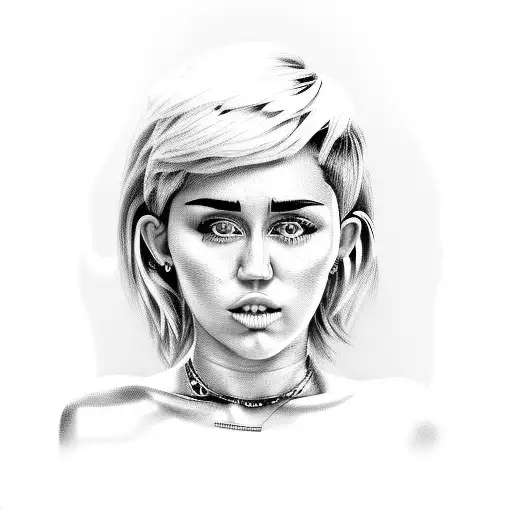 A black and grey portrait of Miley Cyrus with a hidden Hannah Montana symbol tattoo design idea