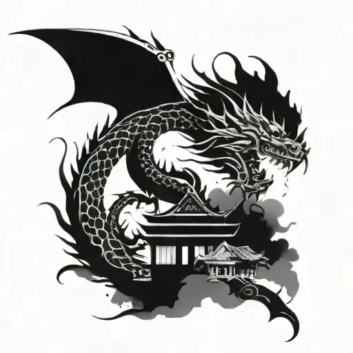 An abstract minimalist interpretation of a dragon emerging from a Japanese temple, blending the mystical and the serene tattoo design idea