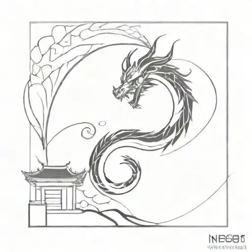 An abstract minimalist interpretation of a dragon emerging from a Japanese temple, blending the mystical and the serene tattoo design idea