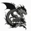 An abstract minimalist interpretation of a dragon emerging from a Japanese temple, blending the mystical and the serene tattoo design idea