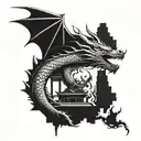 An abstract minimalist interpretation of a dragon emerging from a Japanese temple, blending the mystical and the serene tattoo design idea