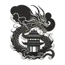 An abstract minimalist interpretation of a dragon emerging from a Japanese temple, blending the mystical and the serene tattoo design idea